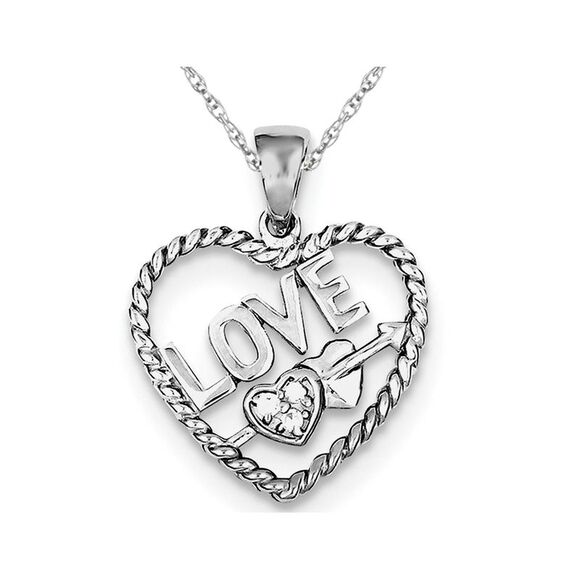 Simulated Cubic Zirconia Heart Pendant Necklace with LOVE in Sterling Silver